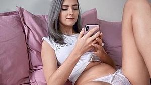 Beautiful brunette Eva Elfie measures her attractive vagina alone
