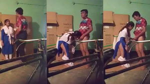 College girl gives a blowjob to her professor in a rustic setting